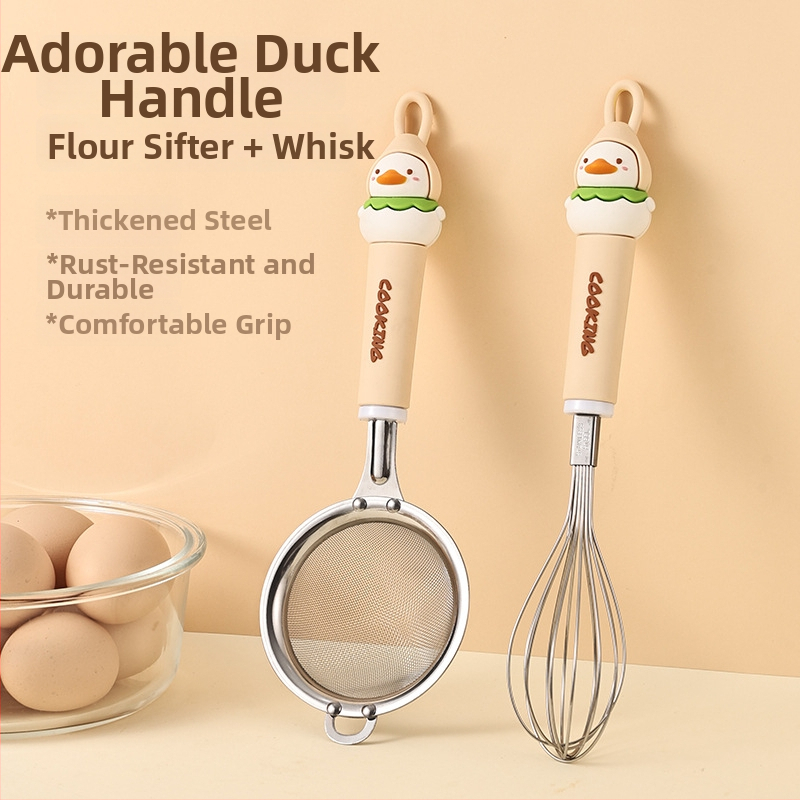 Nerezový set na pečenie s sitom na múru, cedidlom, filtrujúcim sitom, metličkou na vajcia a separátorom bielkovín; tlač loga dostupná; vhodný ako darček; ručné