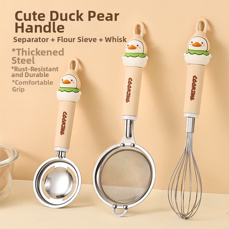 Nerezový set na pečenie s sitom na múru, cedidlom, filtrujúcim sitom, metličkou na vajcia a separátorom bielkovín; tlač loga dostupná; vhodný ako darček; ručné