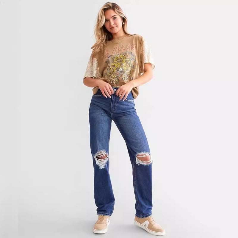 Traperice s rupama, visokim strukom, širokog kroja, pamuk-denim (95% pamuk, poliester <30%), street hipster stil