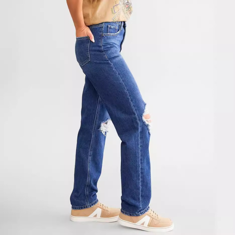 Traperice s rupama, visokim strukom, širokog kroja, pamuk-denim (95% pamuk, poliester <30%), street hipster stil