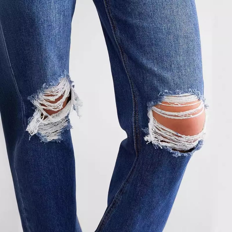 Traperice s rupama, visokim strukom, širokog kroja, pamuk-denim (95% pamuk, poliester <30%), street hipster stil