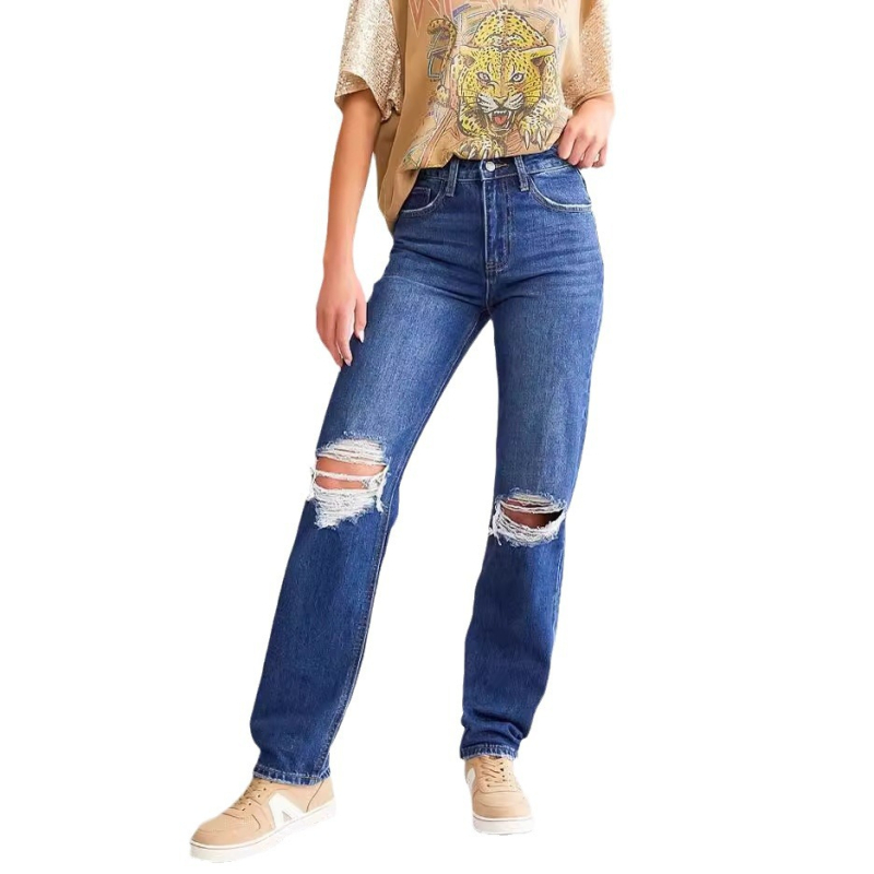 Traperice s rupama, visokim strukom, širokog kroja, pamuk-denim (95% pamuk, poliester <30%), street hipster stil