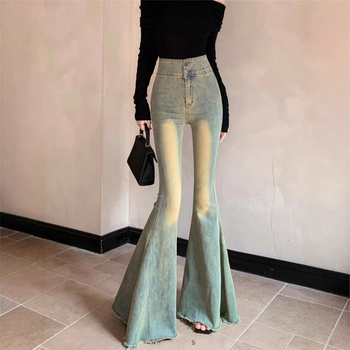 Ženske traperice – visok struk, široke nogavice, fishtail dizajn, denim, 50–70% pamuk, 30–50% poliester, mikroelastičnost