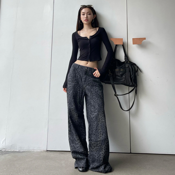 Ženske traperice s leopard printom, denim, visokim strukom, širokim krojem, dugačke hlače