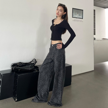 Ženske traperice s leopard printom, denim, visokim strukom, širokim krojem, dugačke hlače
