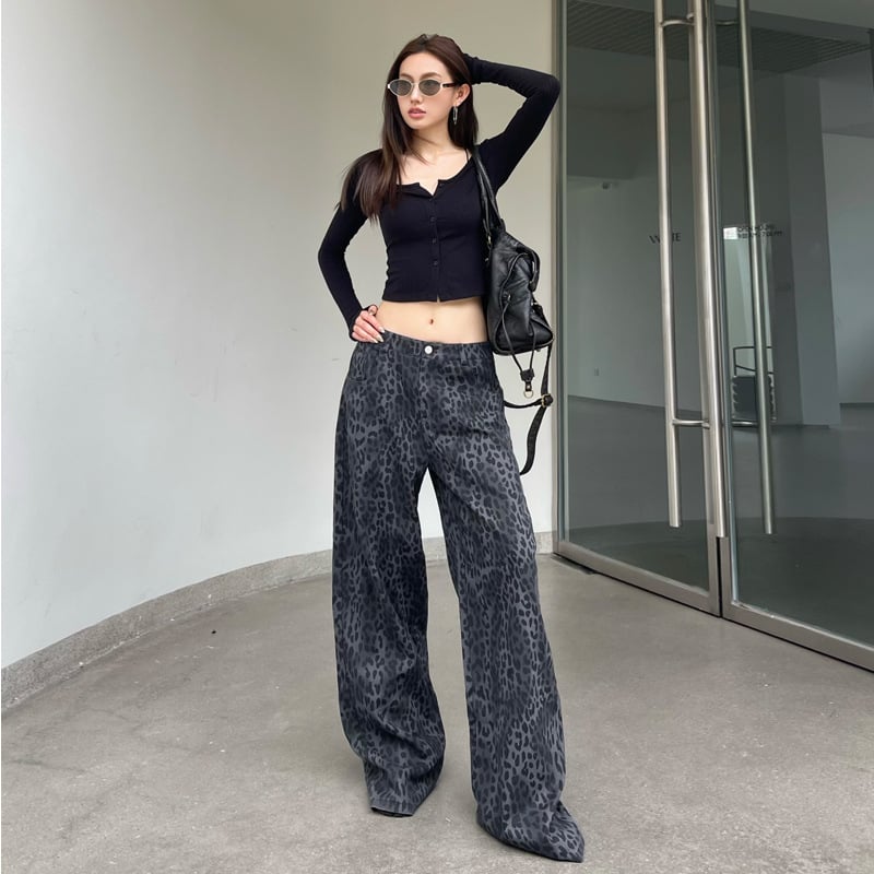Ženske traperice s leopard printom, denim, visokim strukom, širokim krojem, dugačke hlače