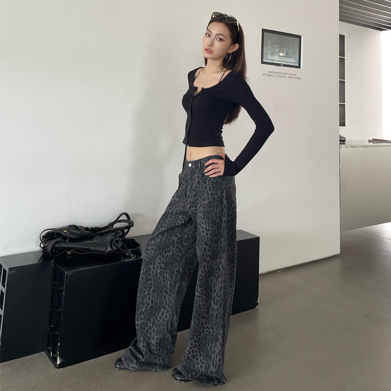 Ženske traperice s leopard printom, denim, visokim strukom, širokim krojem, dugačke hlače