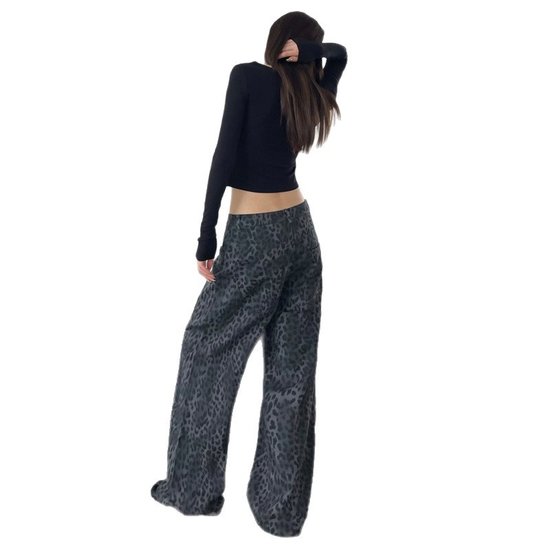 Ženske traperice s leopard printom, denim, visokim strukom, širokim krojem, dugačke hlače