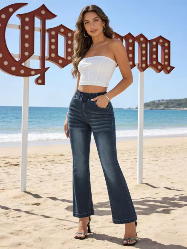 Ženske hlače od traperica s elastičnim pojasom, Slim-fit i podizanje stražnjice, Boot-cut, denim s 70–80% pamuka i spandex (do 30%)
