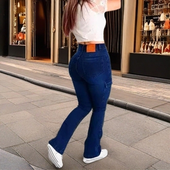 Ženske ripped jeans od denima, visoki pojas, višestruki džepovi, blago proširene nogavice, 70–80% pamuka