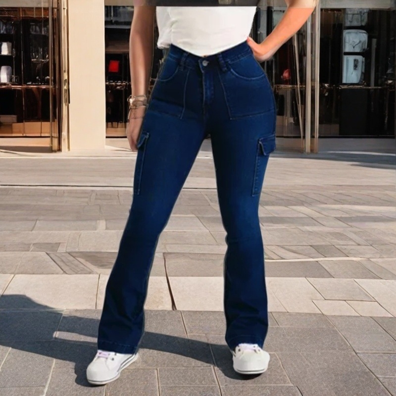 Ženske ripped jeans od denima, visoki pojas, višestruki džepovi, blago proširene nogavice, 70–80% pamuka