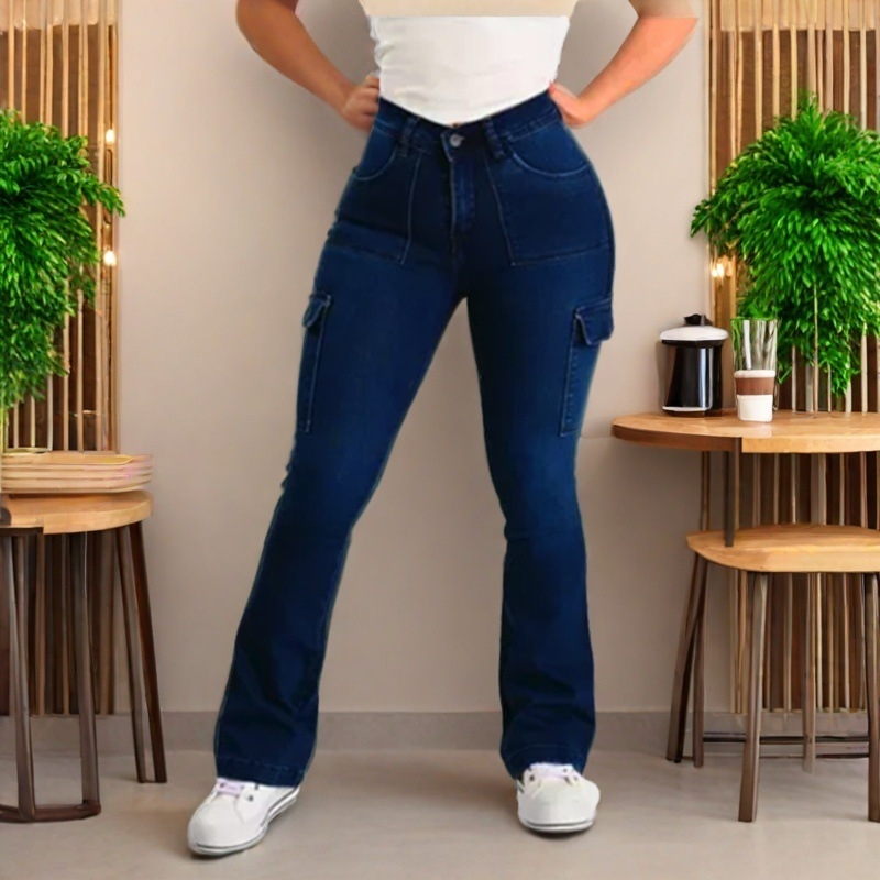 Ženske ripped jeans od denima, visoki pojas, višestruki džepovi, blago proširene nogavice, 70–80% pamuka