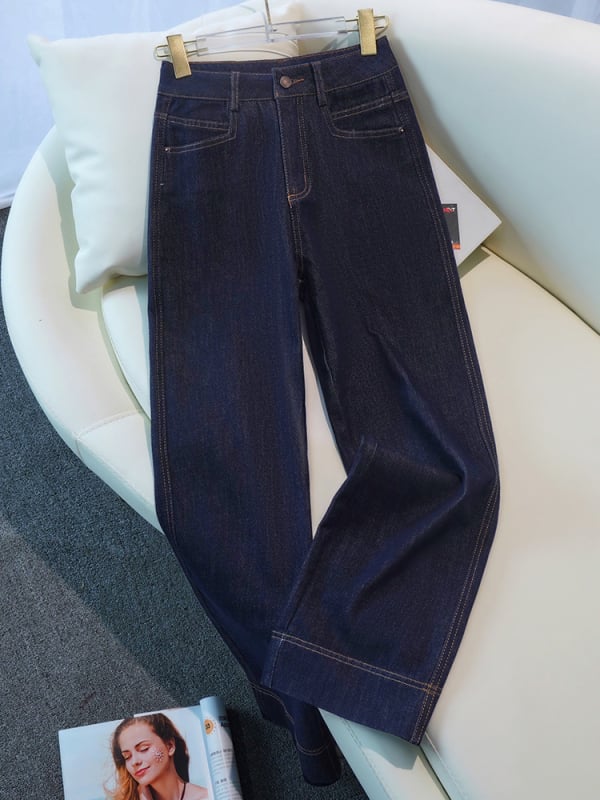 Traperice – Visoki pojas, ravni kroj, denim; pamuk 95%+, mikroelastičnost