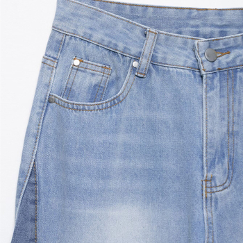 Γυναικείες τζιν με ψηλή μέση, φαρδιά γραμμή, σχέδιο σπλίς/κολάζ, πολυεστέρας 70–80%, μικροελαστικότητα