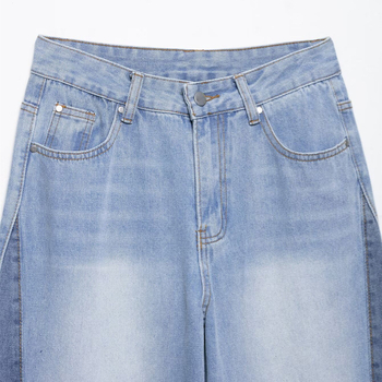 Γυναικείες τζιν με ψηλή μέση, φαρδιά γραμμή, σχέδιο σπλίς/κολάζ, πολυεστέρας 70–80%, μικροελαστικότητα