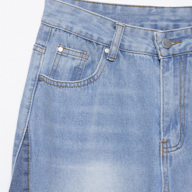 Γυναικείες τζιν με ψηλή μέση, φαρδιά γραμμή, σχέδιο σπλίς/κολάζ, πολυεστέρας 70–80%, μικροελαστικότητα