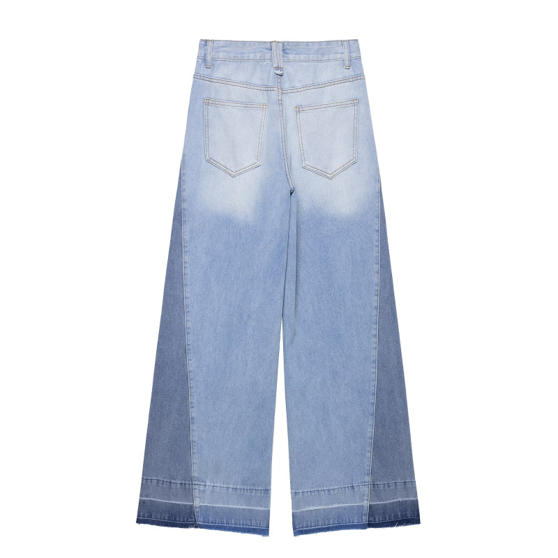 Γυναικείες τζιν με ψηλή μέση, φαρδιά γραμμή, σχέδιο σπλίς/κολάζ, πολυεστέρας 70–80%, μικροελαστικότητα