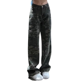 Ženske kamuflažne traperice s širokim krojem, srednji pojas, casual stil, pamuk 30–50%