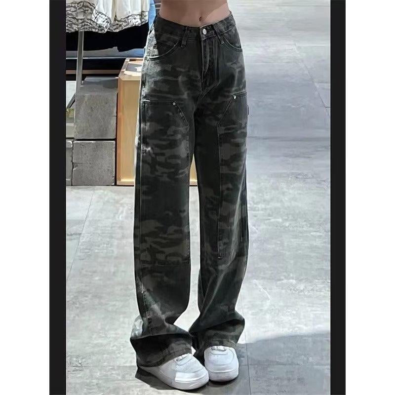 Ženske kamuflažne traperice s širokim krojem, srednji pojas, casual stil, pamuk 30–50%