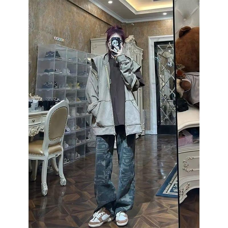 Ženske kamuflažne traperice s širokim krojem, srednji pojas, casual stil, pamuk 30–50%