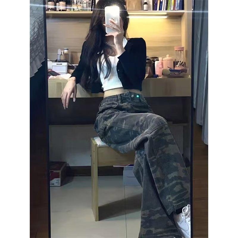 Ženske kamuflažne traperice s širokim krojem, srednji pojas, casual stil, pamuk 30–50%