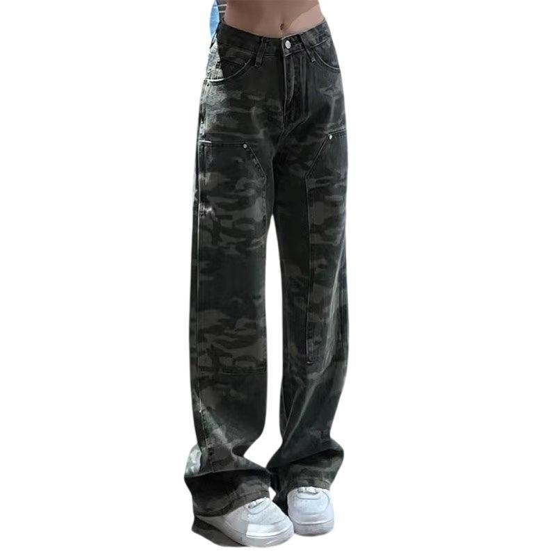 Ženske kamuflažne traperice s širokim krojem, srednji pojas, casual stil, pamuk 30–50%