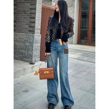 Traperice s patchworkom color-block, visokim strukom, ravni kroj, neelastični denim, 70–80% pamuka