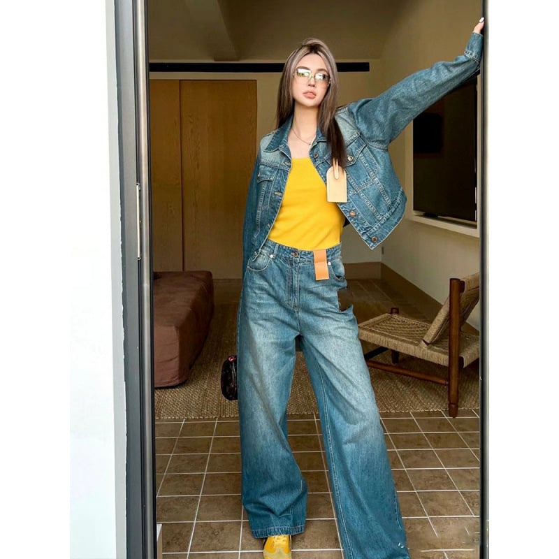 Traperice s patchworkom color-block, visokim strukom, ravni kroj, neelastični denim, 70–80% pamuka