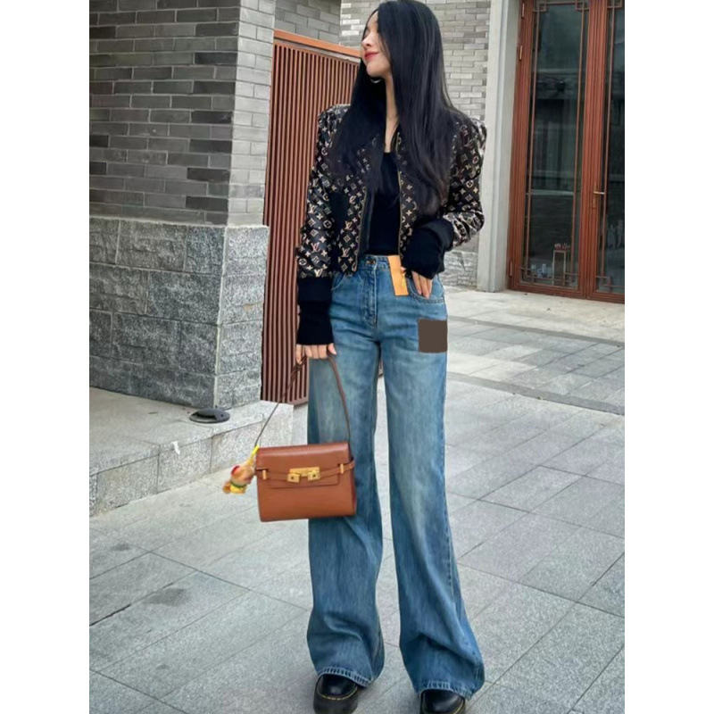 Traperice s patchworkom color-block, visokim strukom, ravni kroj, neelastični denim, 70–80% pamuka