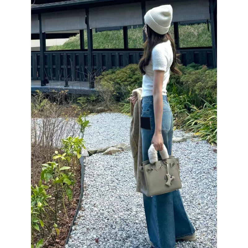 Traperice s patchworkom color-block, visokim strukom, ravni kroj, neelastični denim, 70–80% pamuka