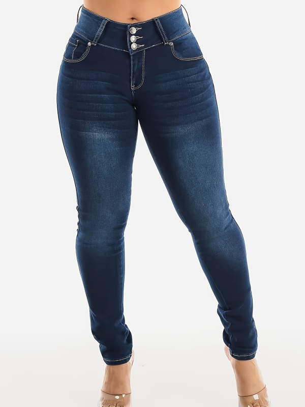 Džinsice skinny od denima s visokim strukom, elastičan materijal, 80–90% pamuka, poliester ispod 30%, detalji kolage šavova, proljeće 2025