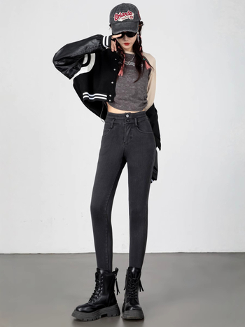 Γυναικείες στενές τζιν με fleece επένδυση, υψηλή ελαστικότητα, υψηλή μέση, μήκος 9/10, βαμβάκι-πολυεστέρας με 30–50% πολυεστέρα