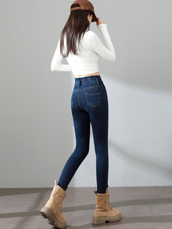 Γυναικείες στενές τζιν με fleece επένδυση, υψηλή ελαστικότητα, υψηλή μέση, μήκος 9/10, βαμβάκι-πολυεστέρας με 30–50% πολυεστέρα