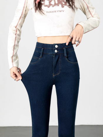 Γυναικείες στενές τζιν με fleece επένδυση, υψηλή ελαστικότητα, υψηλή μέση, μήκος 9/10, βαμβάκι-πολυεστέρας με 30–50% πολυεστέρα