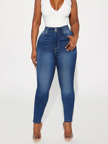 Traperice Slim-Fit s visokim strukom i dvostrukom kopčom, elastični denim