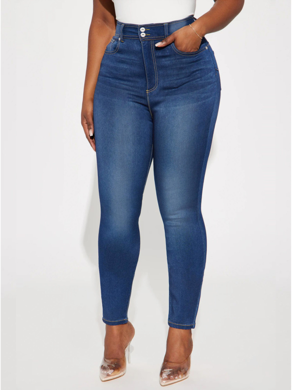 Traperice Slim-Fit s visokim strukom i dvostrukom kopčom, elastični denim
