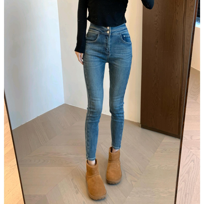 Τζινς skinny με ψηλή μέση, βαμβακερό ύφασμα 50-70%, υψηλή ελαστικότητα
