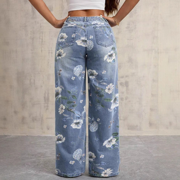 Дънки за жени със свободен силует и средна талия, деним от памук, графичен готически уличен принт