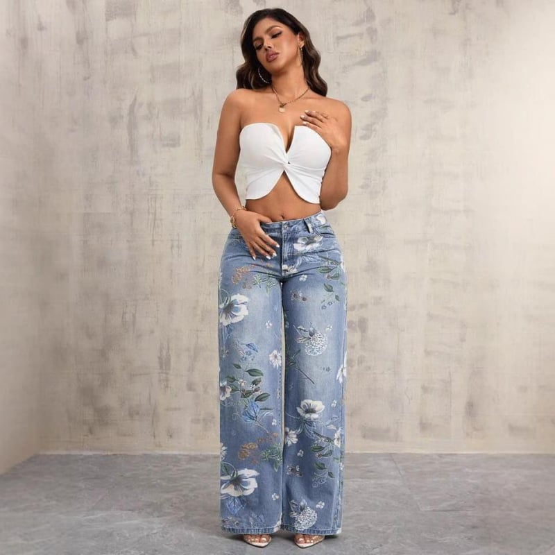 Дънки за жени със свободен силует и средна талия, деним от памук, графичен готически уличен принт