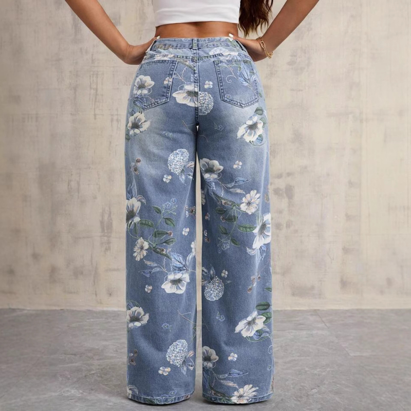 Дънки за жени със свободен силует и средна талия, деним от памук, графичен готически уличен принт