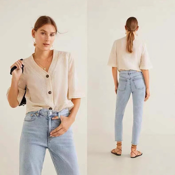 Jeans pentru femei, talie medie, croială dreaptă, denim din bumbac, elasticitate ridicată, primăvara 2025