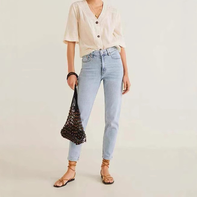 Jeans pentru femei, talie medie, croială dreaptă, denim din bumbac, elasticitate ridicată, primăvara 2025