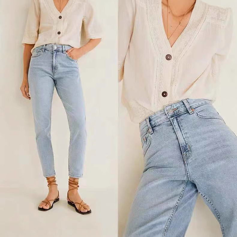 Jeans pentru femei, talie medie, croială dreaptă, denim din bumbac, elasticitate ridicată, primăvara 2025