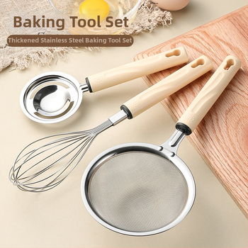 3-dielna sada kuchynských doplnkov z nehrdzavejúcej ocele pre domáce použitie: sitko, šľahač na vajcia a separátor bielkovín