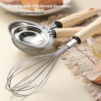 3-dielna sada kuchynských doplnkov z nehrdzavejúcej ocele pre domáce použitie: sitko, šľahač na vajcia a separátor bielkovín