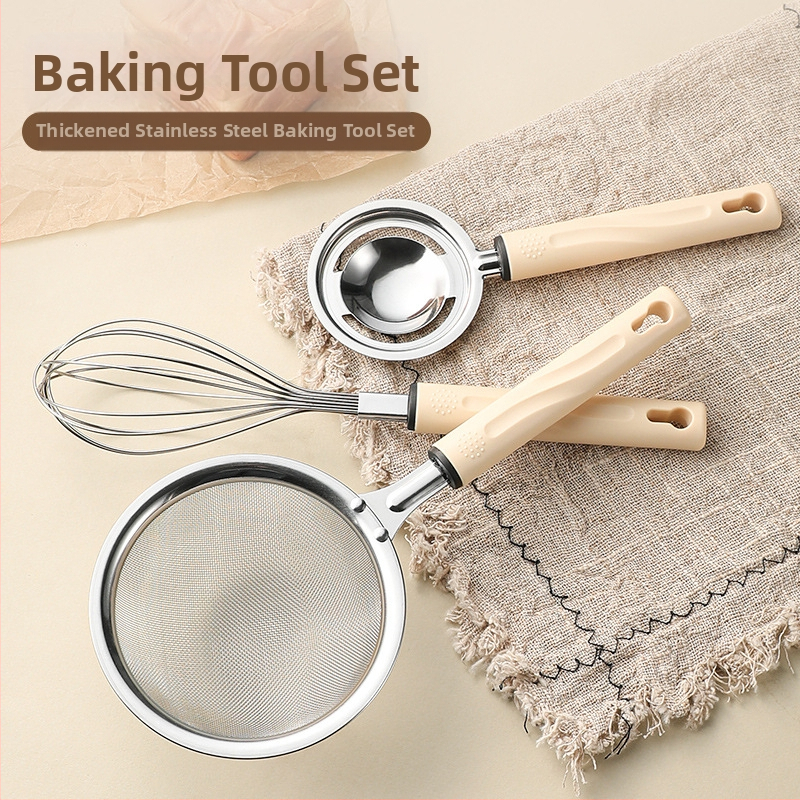 3-dielna sada kuchynských doplnkov z nehrdzavejúcej ocele pre domáce použitie: sitko, šľahač na vajcia a separátor bielkovín