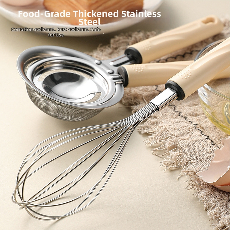 3-dielna sada kuchynských doplnkov z nehrdzavejúcej ocele pre domáce použitie: sitko, šľahač na vajcia a separátor bielkovín