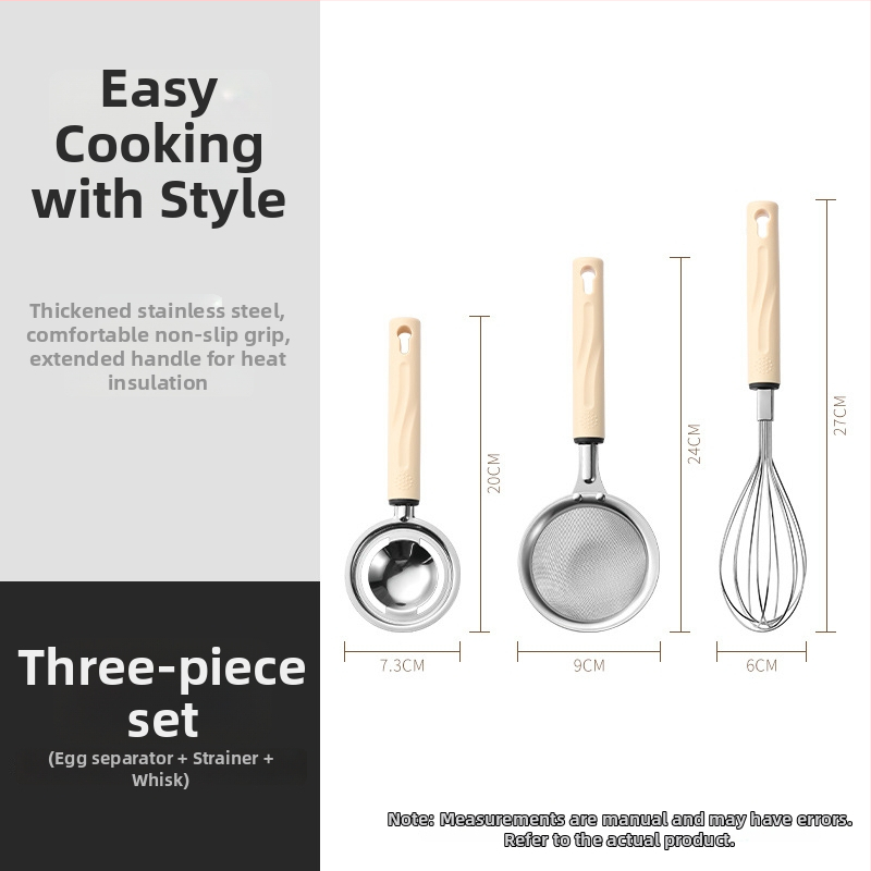 3-dielna sada kuchynských doplnkov z nehrdzavejúcej ocele pre domáce použitie: sitko, šľahač na vajcia a separátor bielkovín