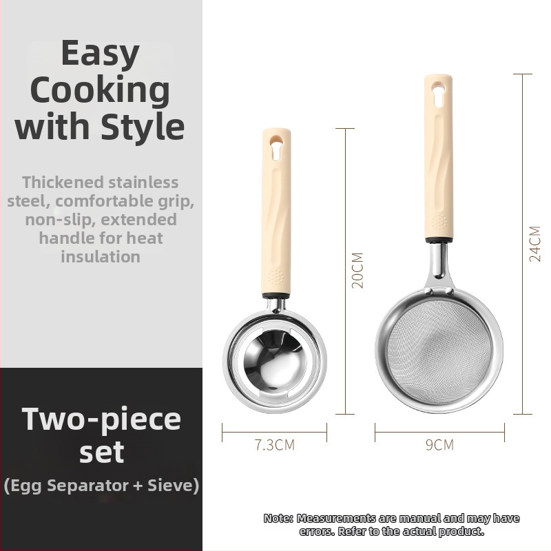 3-dielna sada kuchynských doplnkov z nehrdzavejúcej ocele pre domáce použitie: sitko, šľahač na vajcia a separátor bielkovín