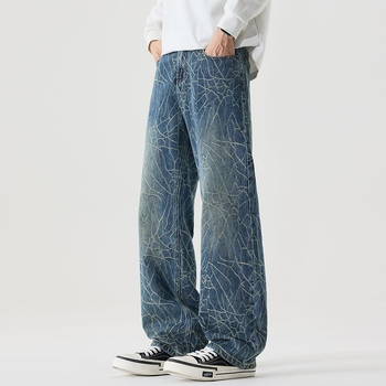 Muške traperice od denima, gradski stil, oversize, široke nogavice, pamuk denim, zatvaranje na gumbe, višestruki džepovi